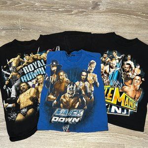 Lot of 3 WWE T-Shirt Boys Youth Variety Wrestling Tees Mania Rumble Smackdown